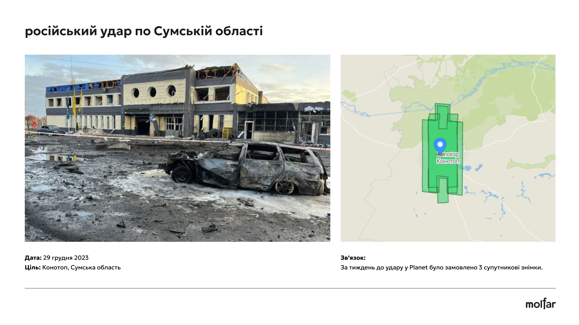 порівняння - російський удар по сумській області і супутниковий знимок
